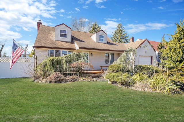 cape cod-style house featuring a garage, a shingled roof, a chimney, fence, and a front lawn