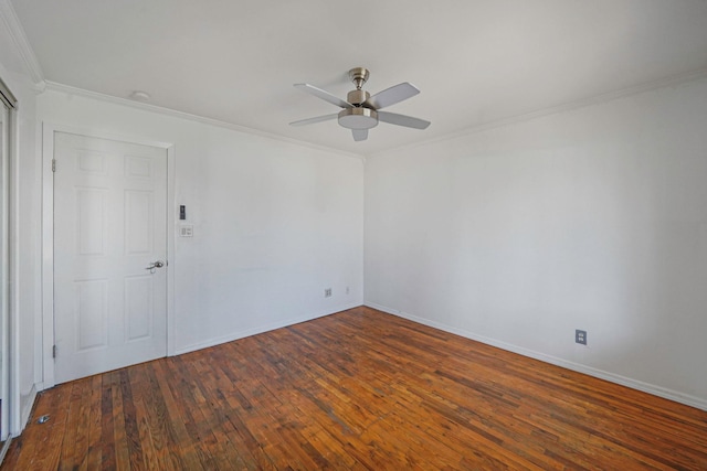 unfurnished room featuring ornamental molding, ceiling fan, baseboards, and hardwood / wood-style flooring