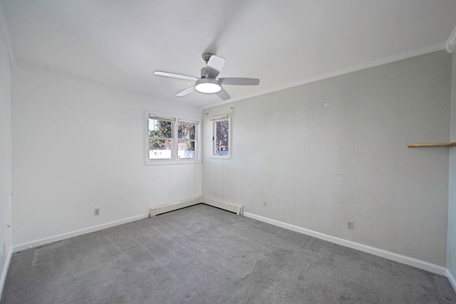 spare room with baseboards, a ceiling fan, a baseboard radiator, crown molding, and carpet flooring