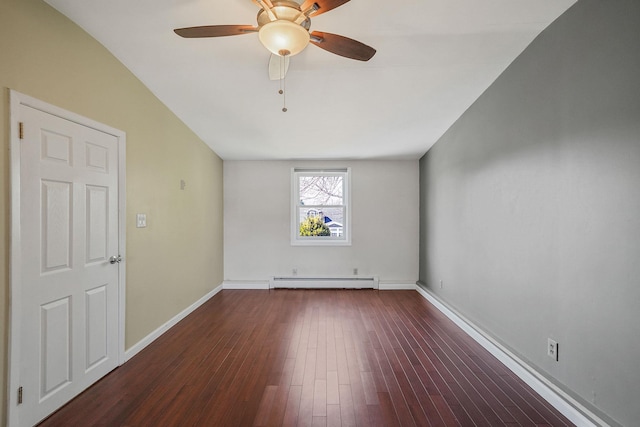 unfurnished room featuring ceiling fan, hardwood / wood-style floors, baseboard heating, and baseboards