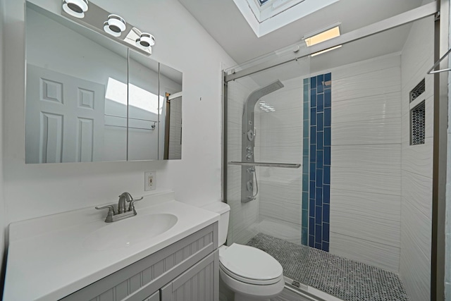 full bathroom with a skylight, a shower stall, toilet, and vanity