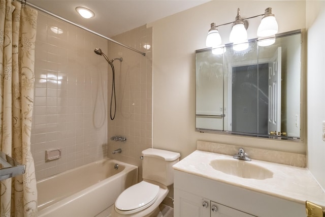 bathroom featuring toilet, vanity, and shower / bath combination with curtain