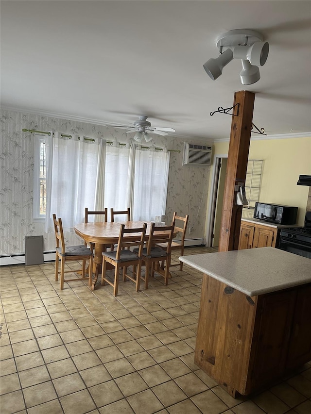 dining room with wallpapered walls, ornamental molding, a ceiling fan, and an AC wall unit