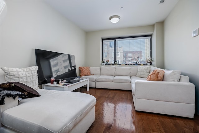 living room featuring dark wood-style flooring