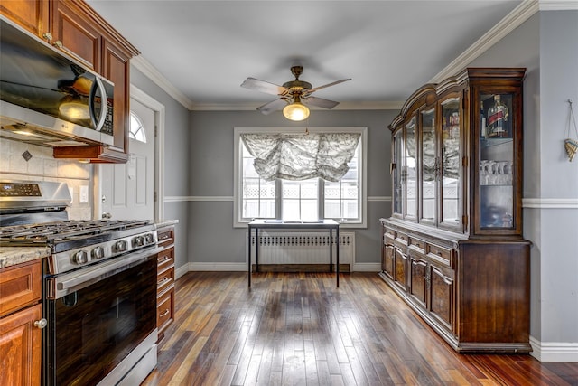 kitchen with dark wood-style floors, stainless steel appliances, decorative backsplash, radiator heating unit, and ornamental molding