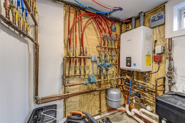 utility room featuring tankless water heater