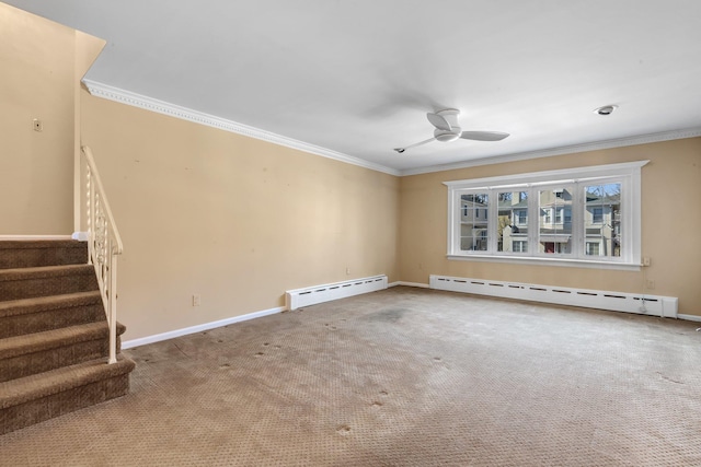 carpeted empty room with stairs, baseboard heating, and crown molding