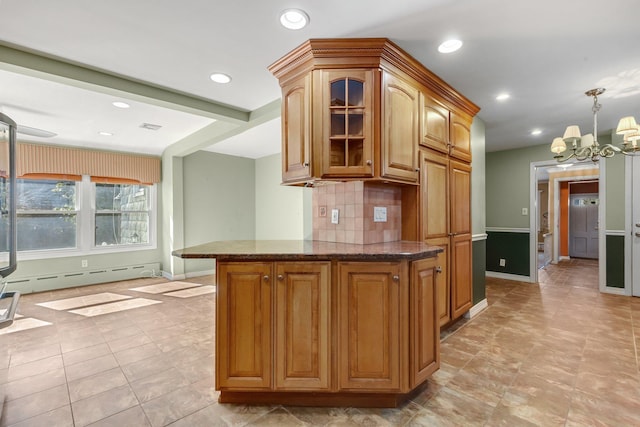 kitchen with recessed lighting, a baseboard heating unit, decorative backsplash, dark stone countertops, and glass insert cabinets