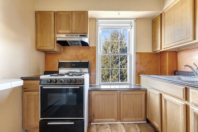 kitchen with gas range oven, dark countertops, light brown cabinets, a sink, and under cabinet range hood