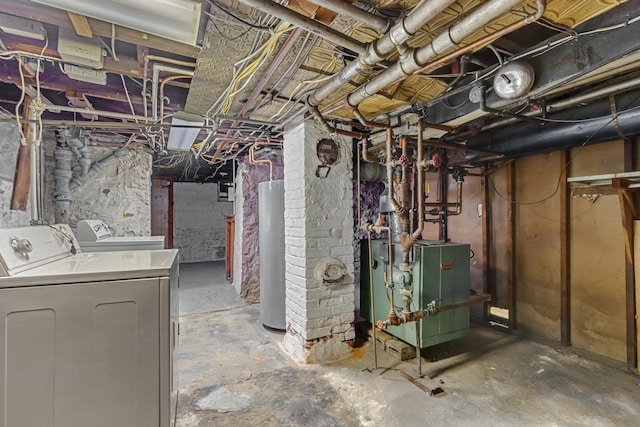 unfinished basement featuring washing machine and dryer, water heater, and a heating unit