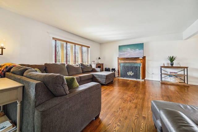 living room with a premium fireplace and wood finished floors