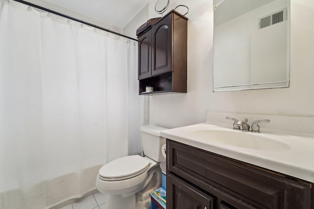 bathroom with toilet, tile patterned floors, visible vents, vanity, and a shower with curtain