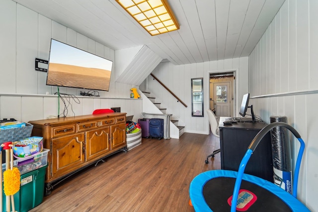 game room with wooden ceiling and wood finished floors