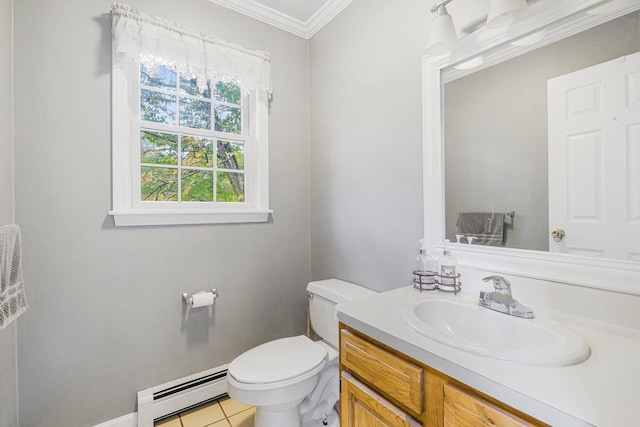 half bath with tile patterned flooring, toilet, a baseboard heating unit, vanity, and crown molding