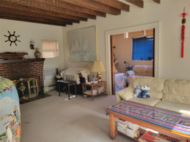 living area featuring carpet floors, a fireplace, beamed ceiling, and baseboard heating