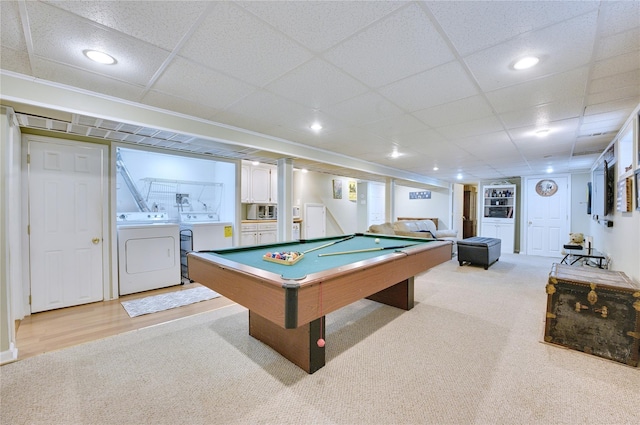 rec room with a paneled ceiling, recessed lighting, light colored carpet, pool table, and independent washer and dryer