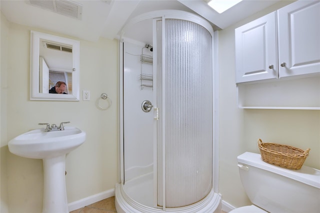 full bathroom with visible vents, a shower stall, and toilet