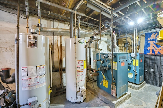 utility room featuring water heater and a heating unit