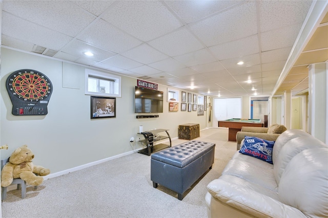 carpeted living room featuring a paneled ceiling, recessed lighting, billiards, visible vents, and baseboards