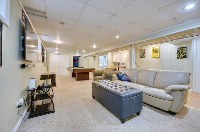 living room featuring carpet floors, recessed lighting, visible vents, a drop ceiling, and billiards