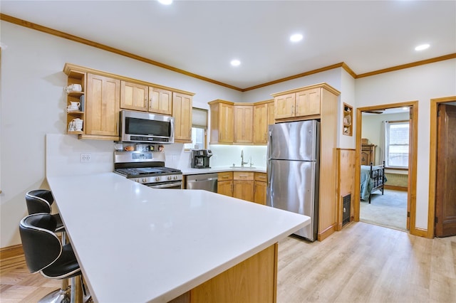 kitchen featuring a peninsula, open shelves, appliances with stainless steel finishes, and light countertops