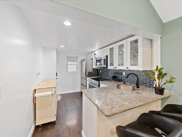 kitchen featuring backsplash, appliances with stainless steel finishes, a sink, light stone countertops, and a peninsula