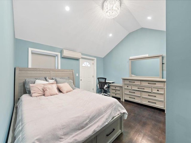 bedroom featuring dark wood finished floors, a wall mounted air conditioner, vaulted ceiling, a notable chandelier, and recessed lighting