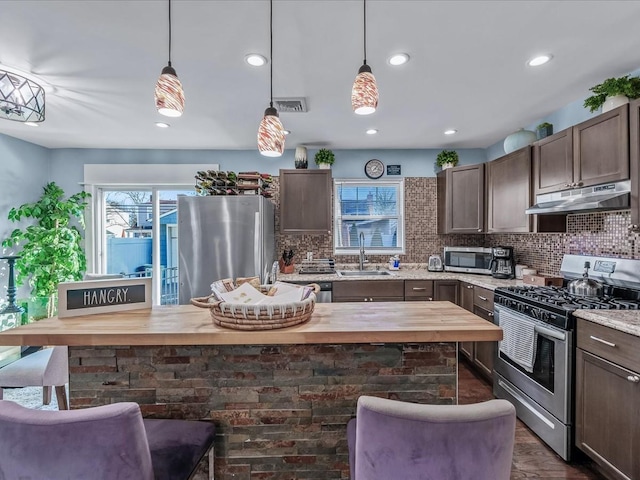 kitchen featuring visible vents, appliances with stainless steel finishes, a sink, under cabinet range hood, and backsplash