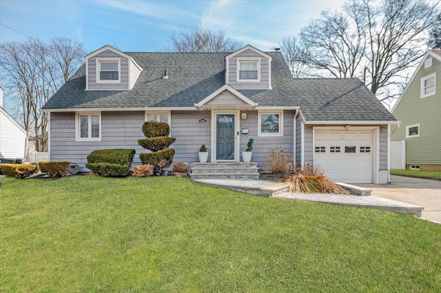 cape cod-style house with driveway, an attached garage, a front lawn, and roof with shingles