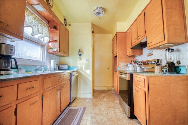 kitchen featuring appliances with stainless steel finishes, brown cabinets, a sink, under cabinet range hood, and backsplash