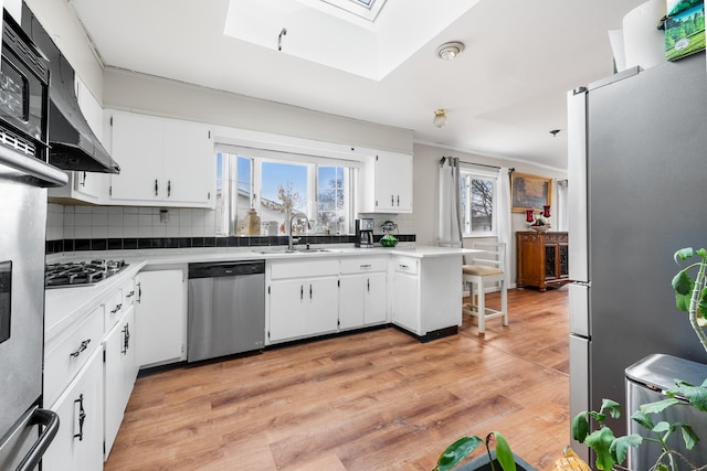 kitchen featuring appliances with stainless steel finishes, backsplash, a skylight, and a sink