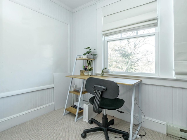 carpeted home office featuring ornamental molding and a wainscoted wall