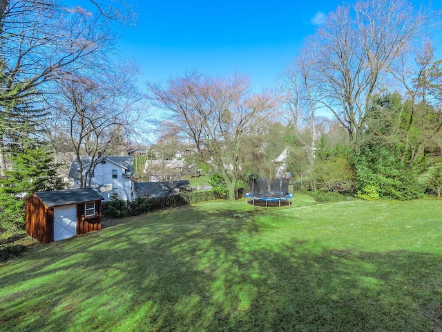 view of yard featuring an outbuilding, a storage shed, and a trampoline