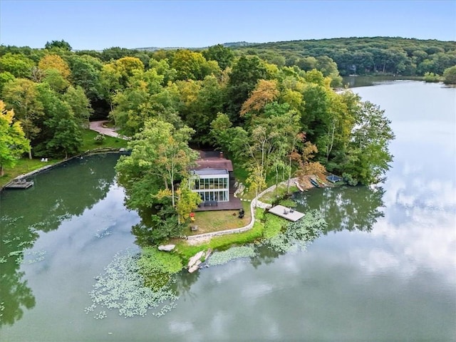 drone / aerial view featuring a water view and a forest view