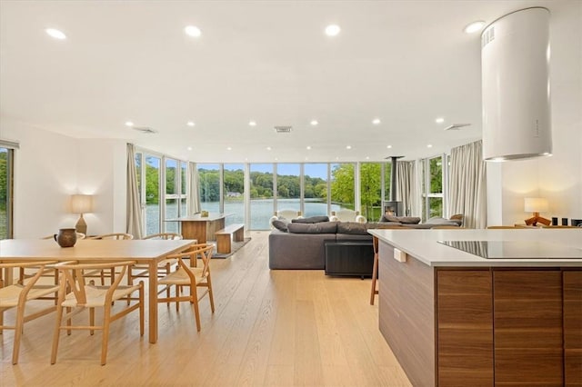 kitchen with light wood-style floors, brown cabinetry, a wall of windows, plenty of natural light, and modern cabinets