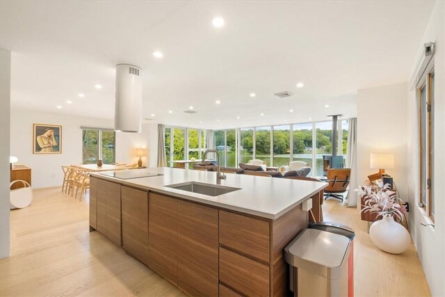 kitchen featuring brown cabinetry, light wood-style floors, open floor plan, a sink, and modern cabinets