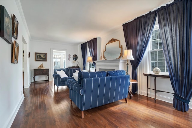 living room featuring ornamental molding, hardwood / wood-style flooring, and baseboards