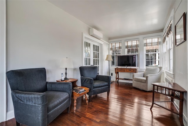 living area featuring an AC wall unit and wood-type flooring