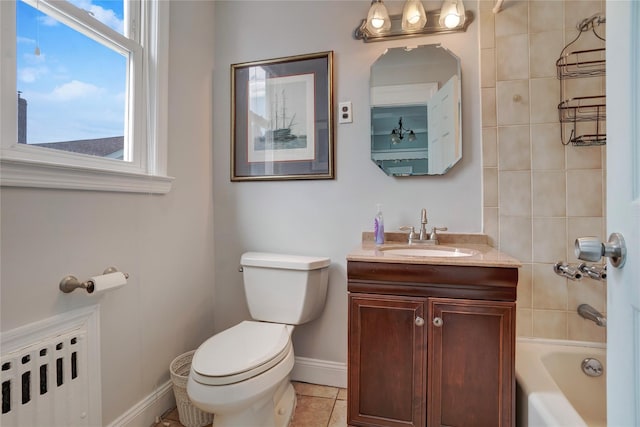 full bathroom featuring toilet, radiator heating unit, tub / shower combination, vanity, and tile patterned flooring