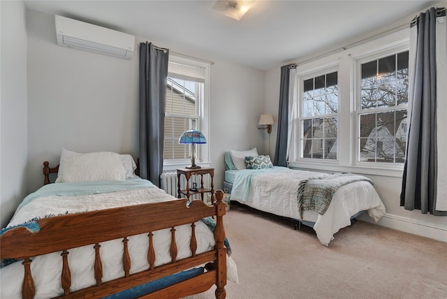 bedroom with radiator, multiple windows, an AC wall unit, and carpet flooring