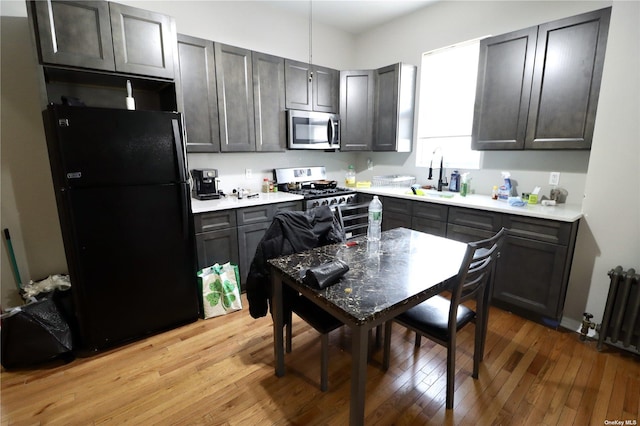 kitchen featuring radiator heating unit, light wood-style flooring, appliances with stainless steel finishes, light countertops, and a sink