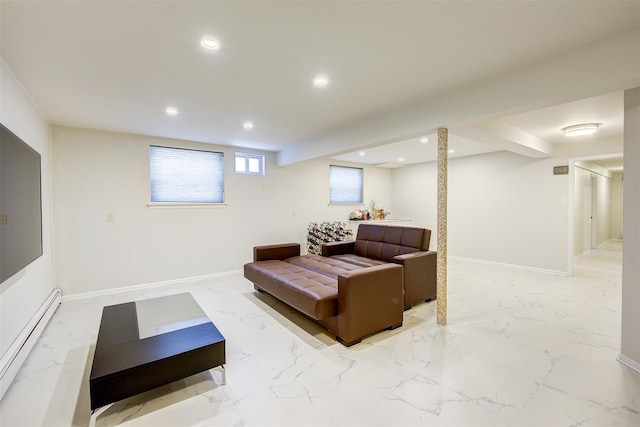 living area with marble finish floor, a baseboard radiator, and recessed lighting