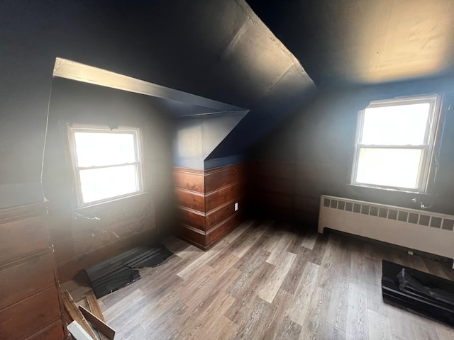 additional living space with radiator, a healthy amount of sunlight, vaulted ceiling, and wood finished floors