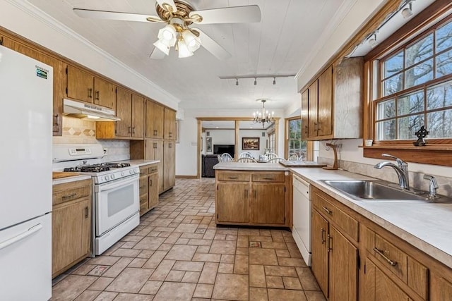 kitchen featuring white appliances, ornamental molding, light countertops, under cabinet range hood, and a sink