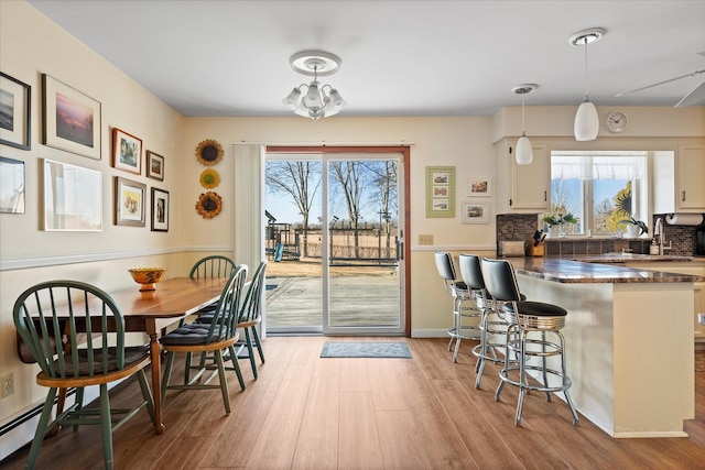 dining room with a baseboard radiator, baseboards, plenty of natural light, and light wood finished floors