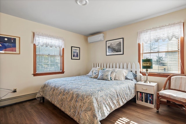 bedroom featuring baseboard heating, wood finished floors, and a wall mounted air conditioner