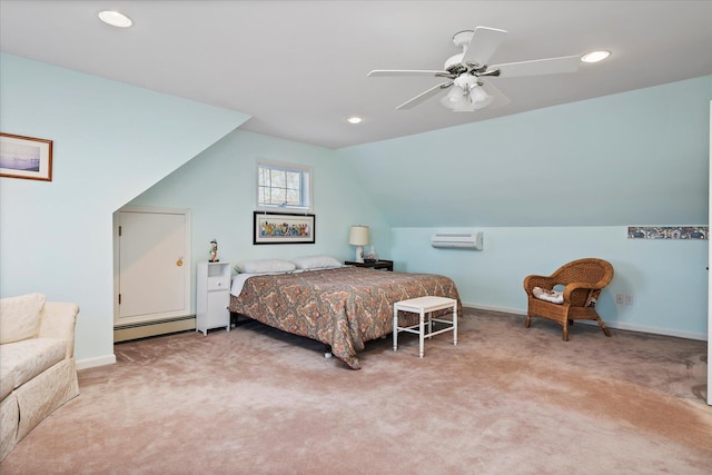 bedroom with lofted ceiling, a baseboard radiator, recessed lighting, carpet flooring, and baseboards