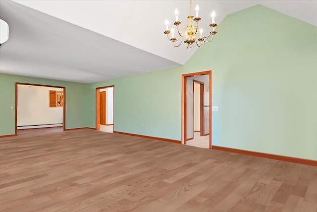 157 Pier Ave, Jamesport, NY 11901 - unfurnished living room featuring a baseboard radiator, a chandelier, light wood-style flooring, and lofted ceiling