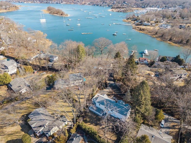 bird's eye view with a water view