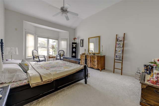 bedroom featuring a ceiling fan, lofted ceiling, light carpet, and baseboards